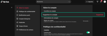 Screenshot showing how to begin the account deletion process on TikTok's desktop website