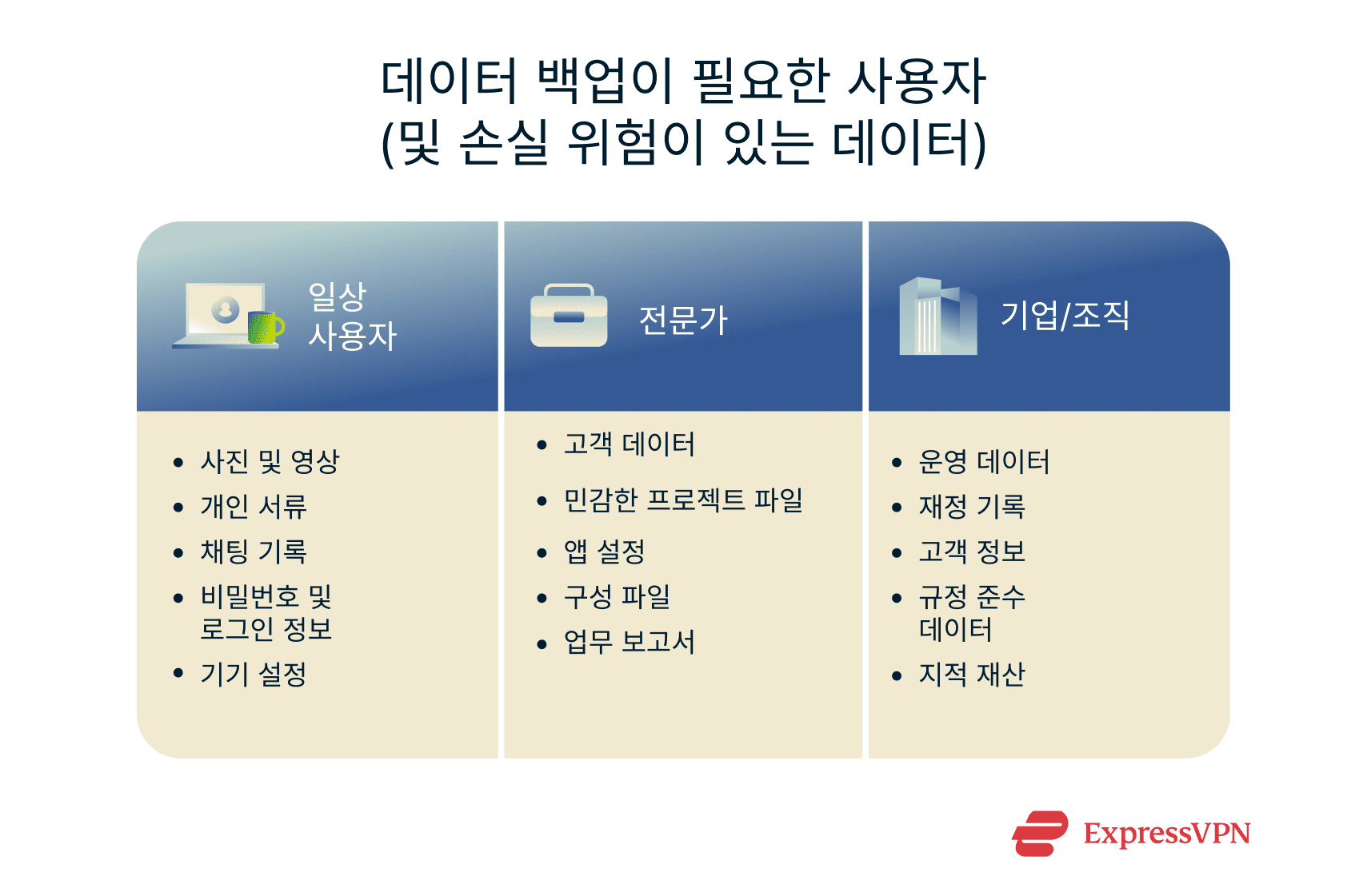 An overview of what everyday users, professionals, and businesses/organizations could lose if they don't back up their data.