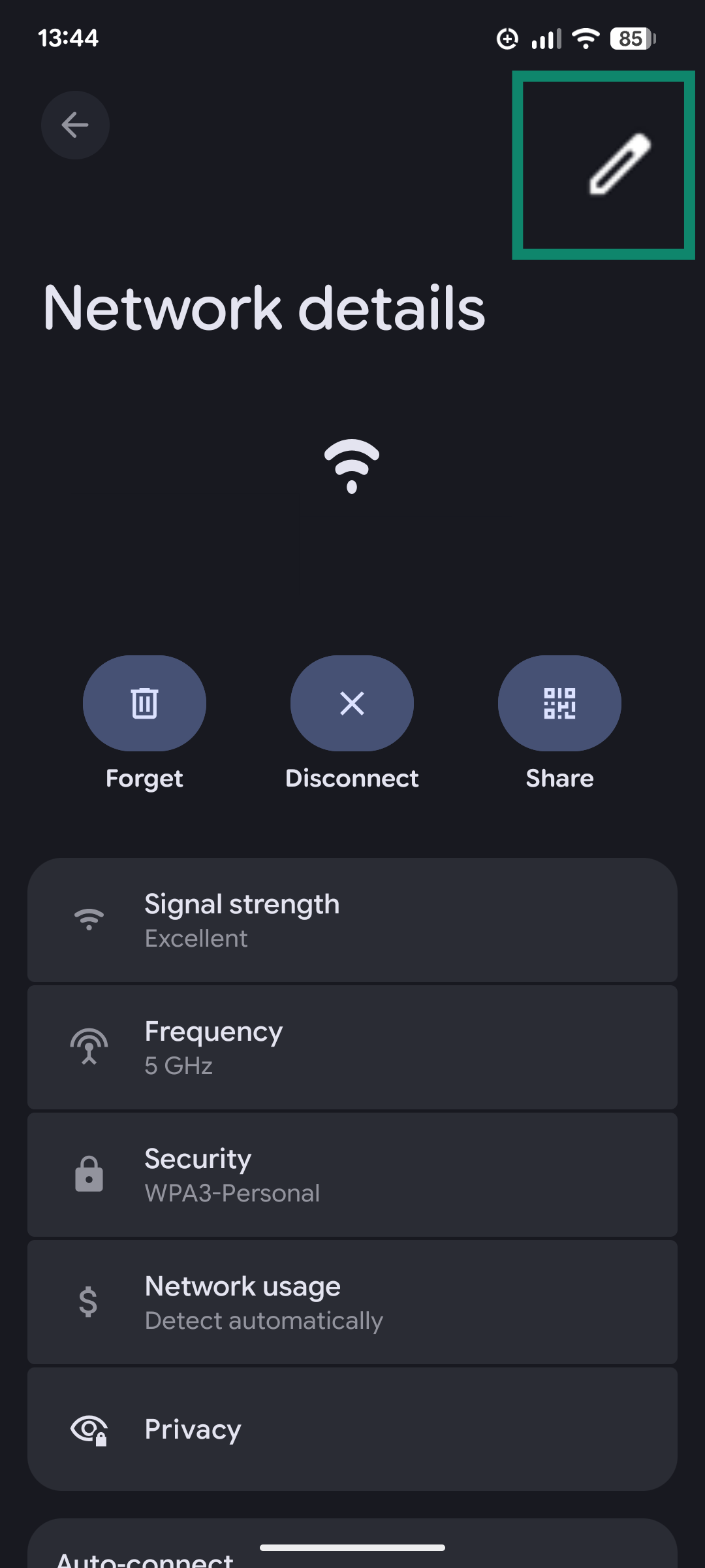A screenshot of the Network details page of the Android Settings app, showing the option to edit network details.