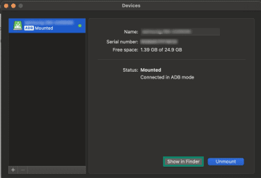 The ADB transfer method window on the MacDroid app on a Mac, showing an Android phone paired with the Mac. The